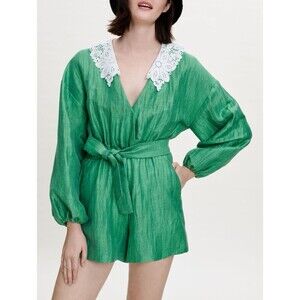 NWT MAJE Women’s Size 40 US 8 LINEN Blend Short Jumpsuit Romper Green Lace